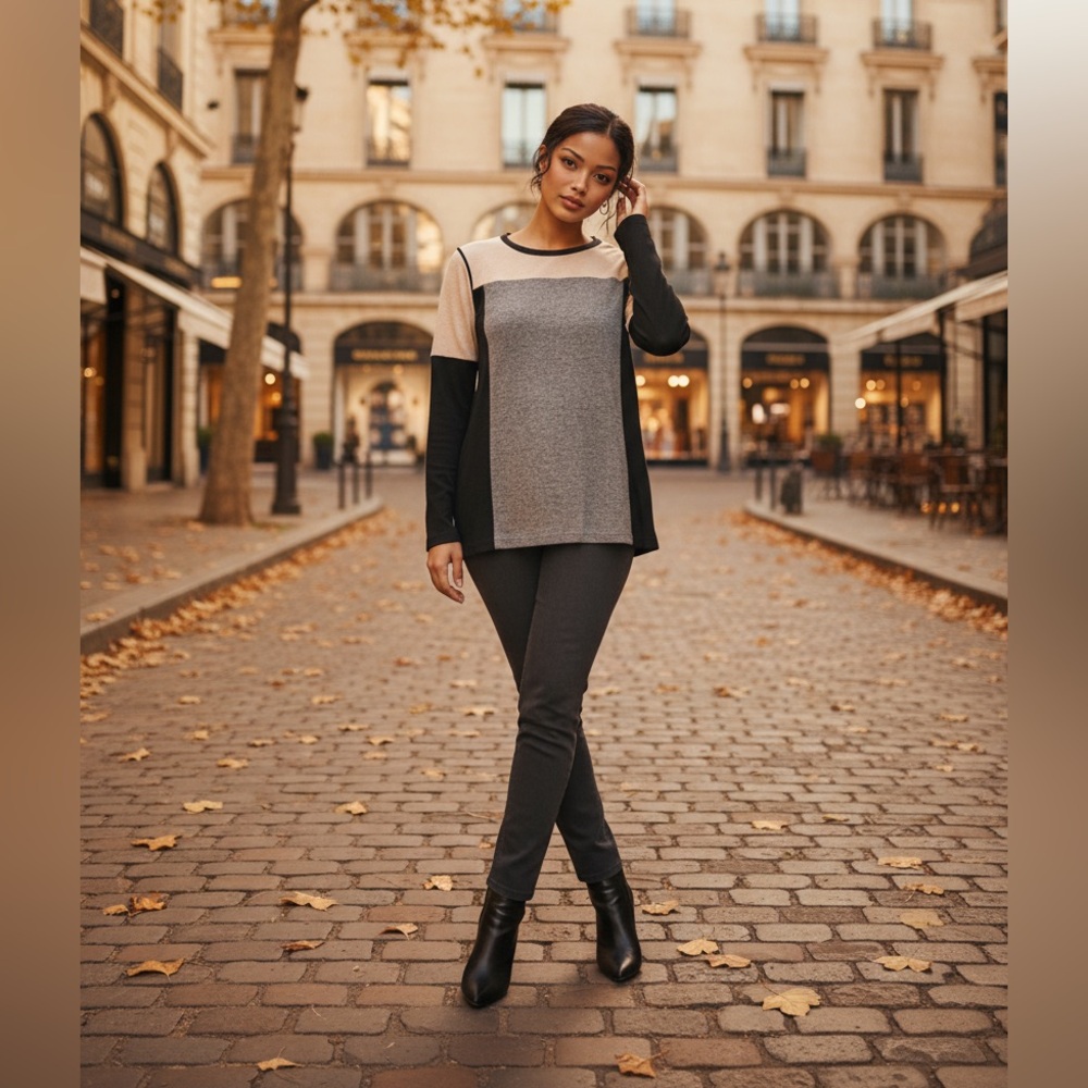 Vince Colorblock Long Sleeve Tee - Black, Gray, Cream